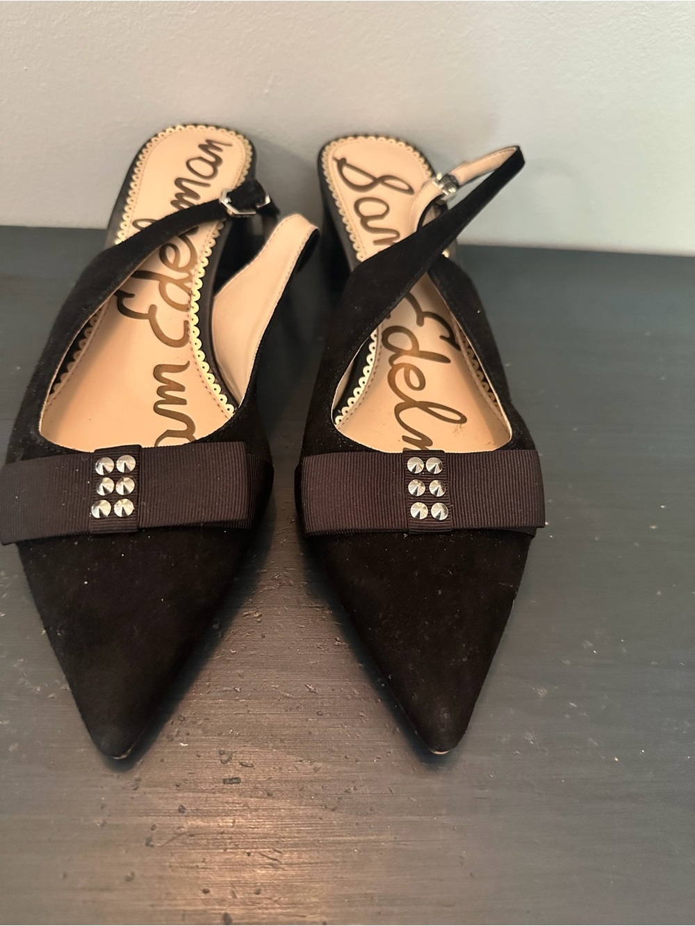 Sam Edelman Black Pointed Slingback Flats with Bow Size 8